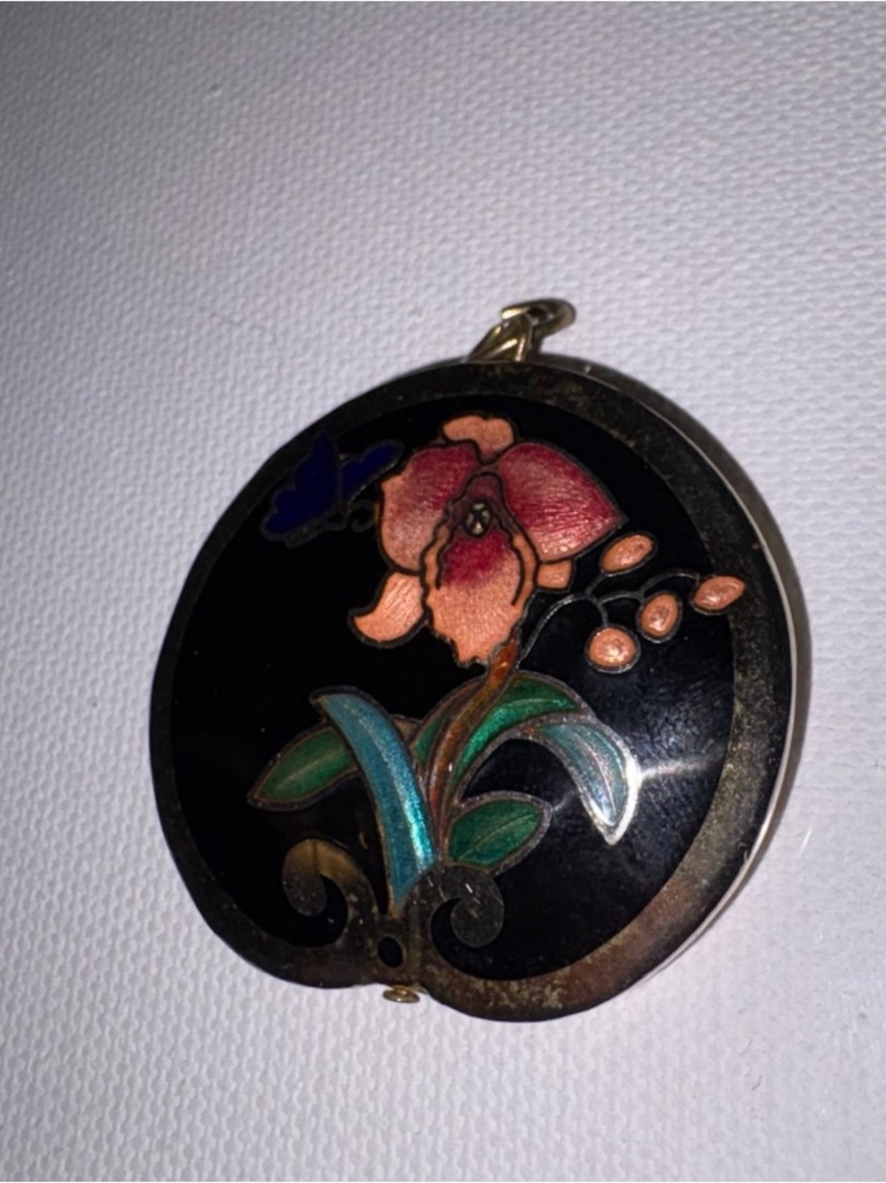 Vintage Cloisonné style gold tone black Puffy Pendant Butterfly Flowers 1.5 in